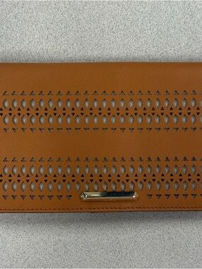 Stella & Dot Perforated Leather Wallet in Cognac Brown with Gold Accent